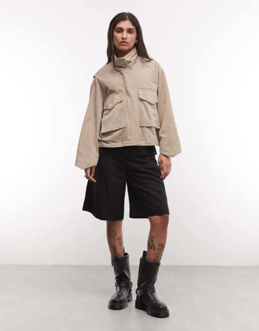 AllSaints Clay suede leather funnel neck jacket with pocket detailing in beige, 2 of 4