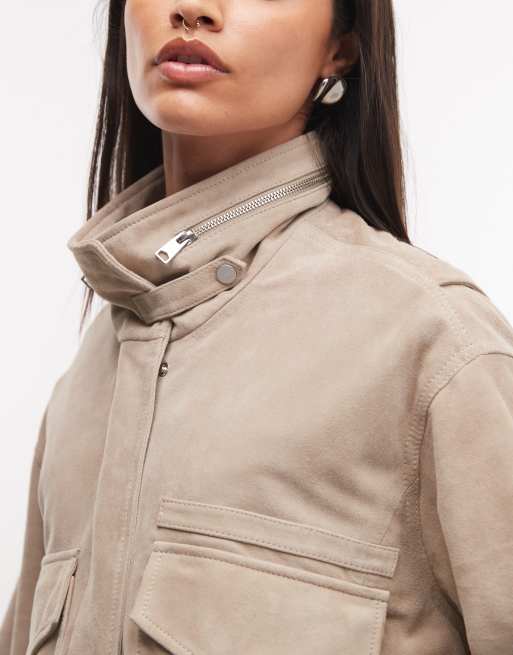 AllSaints Clay suede leather funnel neck jacket with pocket detailing in beige, 3 of 4