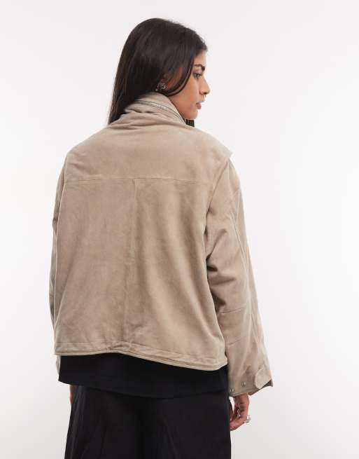 AllSaints Clay suede leather funnel neck jacket with pocket detailing in beige, 4 of 4