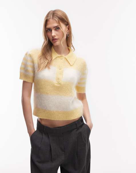 AllSaints - Clem - Gul strikket polo med striber - view 1