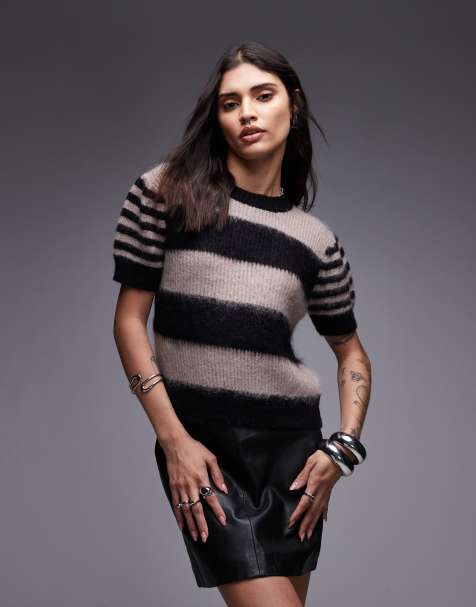 Allsaints Clem knitted stripe tee in black & beige - CREAM - view 1
