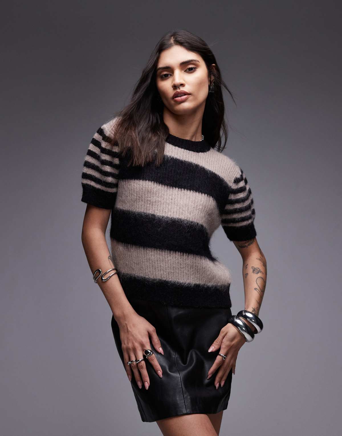 Allsaints Clem knitted stripe tee in black & beige - CREAM
