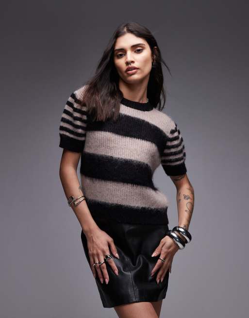 Allsaints Clem knitted stripe tee in black & beige - CREAM