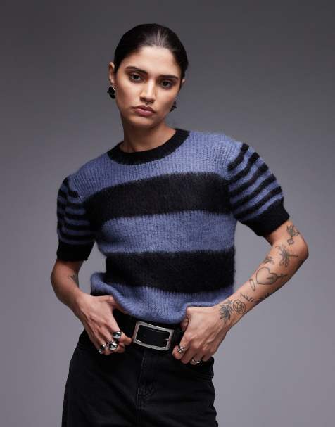 AllSaints Clem knitted stripe tee in black & blue - view 1