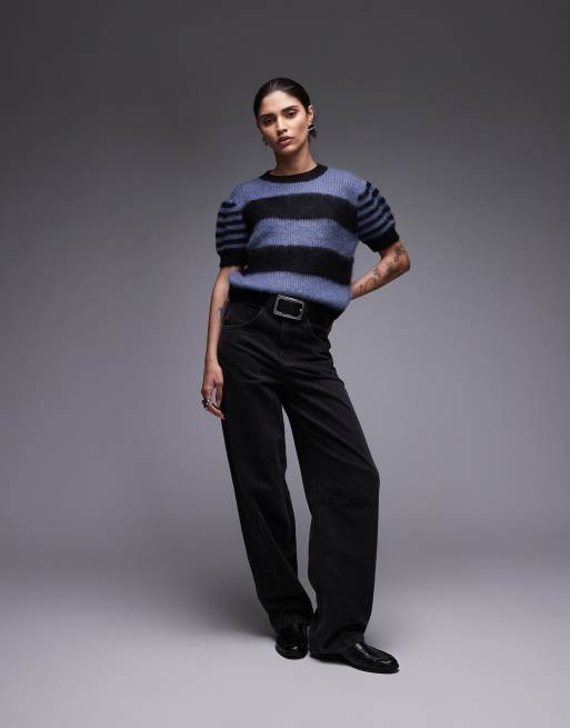 Allsaints Clem knitted stripe tee in black & blue , 2 of 4