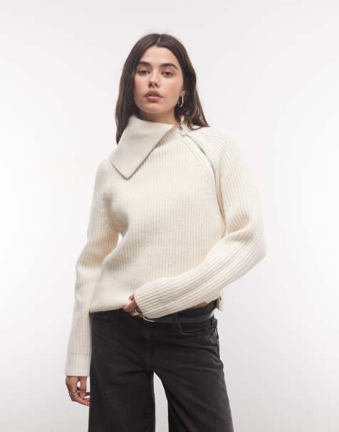 AllSaints Cleo funnel neck merinowool knitted zip jumper in white - view 1