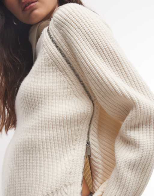 AllSaints Cleo Strickpullover mit Stehkragen aus Merinowolle und Reißverschluss in Weiß, 3 von 4