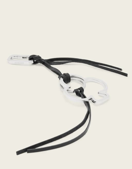 AllSaints Club metal leather keyring in black/silver, 2 of 3