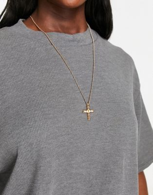 AllSaints black dimante cross pendent necklace in gold - ASOS Price Checker