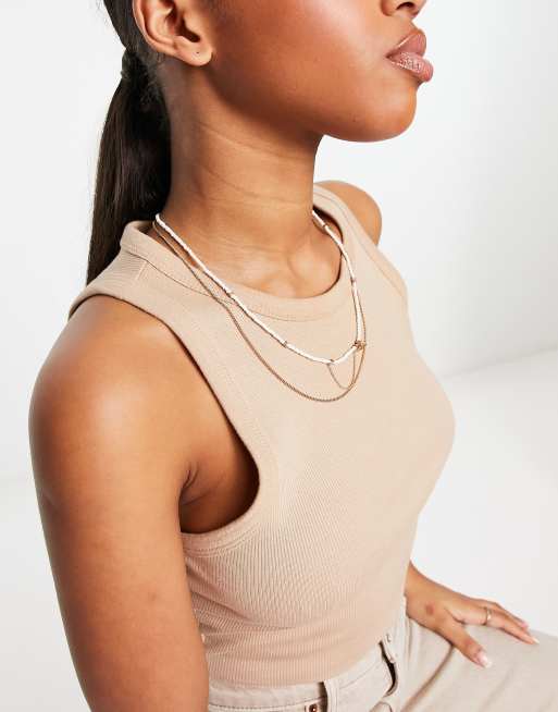 AllSaints - Collier multi-rangs à perles - Doré et blanc