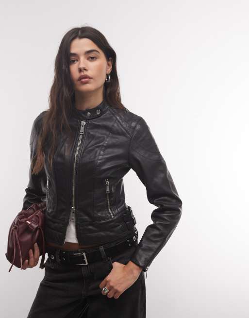 AllSaints Comet Leder-Bikerjacke mit durchgehendem Reißverschluss in Schwarz, 2 von 4