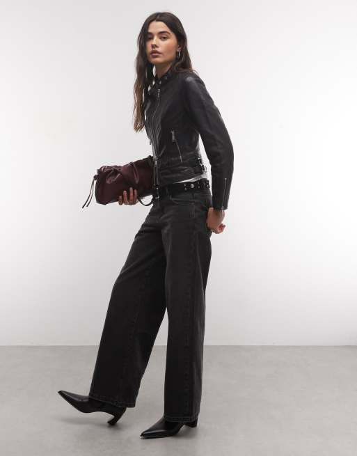 AllSaints Comet Leder-Bikerjacke mit durchgehendem Reißverschluss in Schwarz, 3 von 4