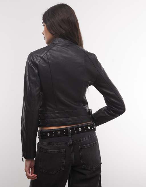 AllSaints Comet Leder-Bikerjacke mit durchgehendem Reißverschluss in Schwarz, 4 von 4