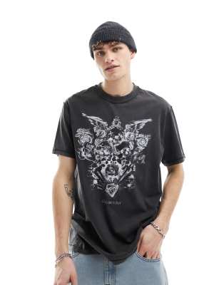 AllSaints - Convenant - T-Shirt in verwaschenem Schwarz mit Grafikprint in Grunge-Optik