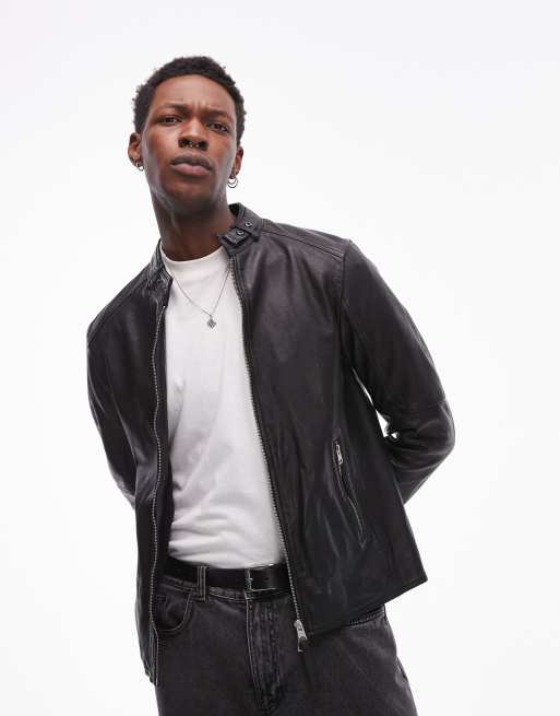 AllSaints Cora collarless leather jacket in black