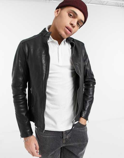 Allsaints Cora Slim Fit Zip Through Leather Jacket In Black Asos