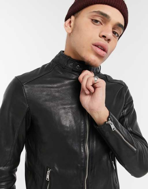 AllSaints Cora slim fit zip through leather jacket in black