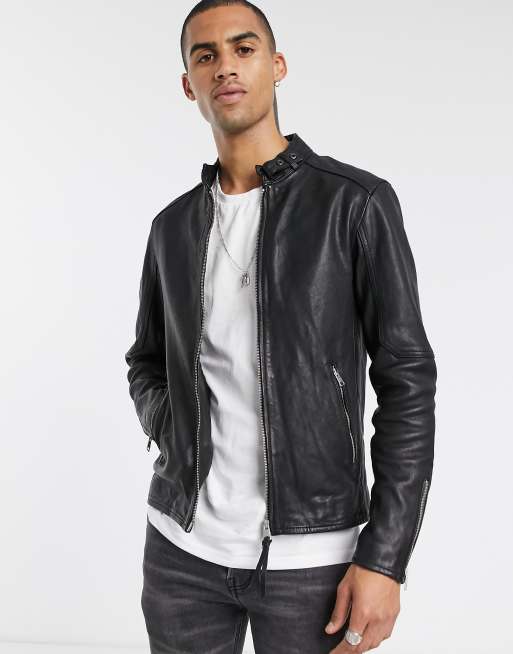 AllSaints Cora slim fit zip through leather jacket in black | ASOS