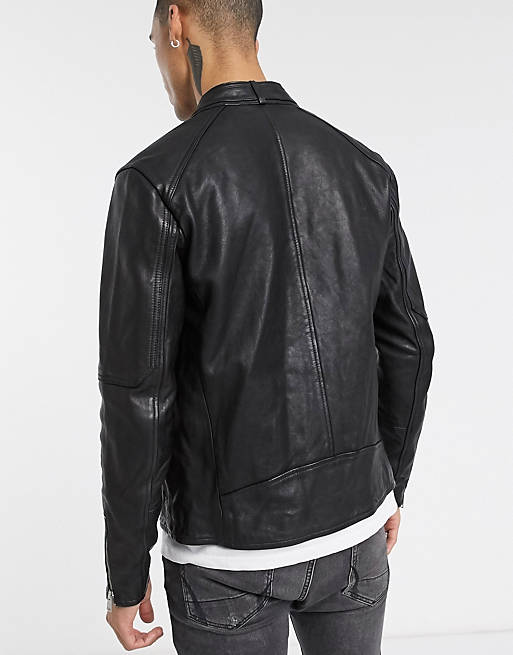 AllSaints Cora slim fit zip through leather jacket in black | ASOS