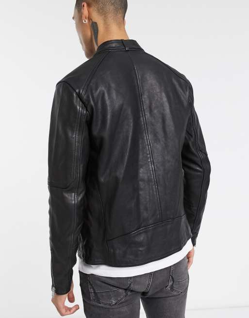 AllSaints Cora slim fit zip through leather jacket in black