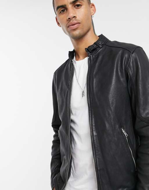 AllSaints Cora slim fit zip through leather jacket in black