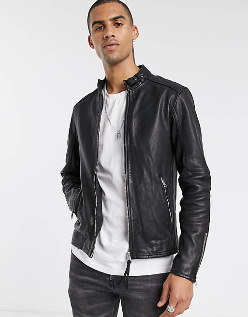 AllSaints Cora slim fit zip through leather jacket in black | ASOS