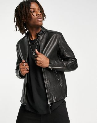 AllSaints Cora slim fit zip through leather jacket in black - ASOS Price Checker