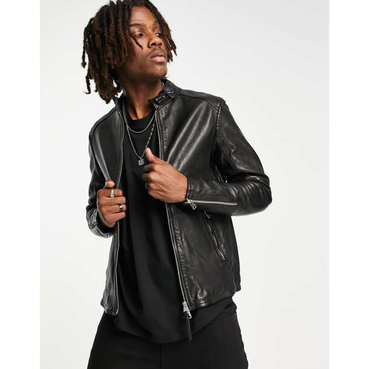 AllSaints Cora slim fit zip through leather jacket in black