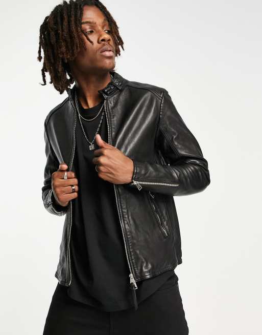 AllSaints Cora slim fit zip through leather jacket in black ASOS