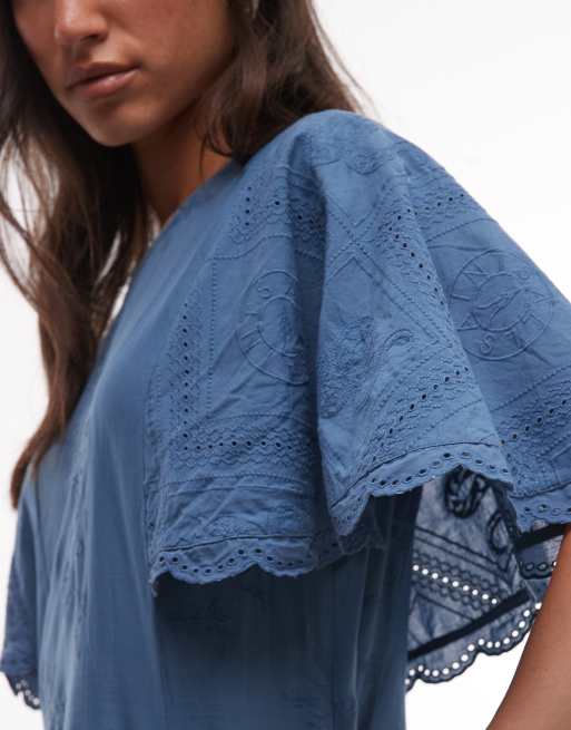 AllSaints - Corla - Robe courte à manches courtes et col montant avec volants en dentelle - Bleu, 3 de 4