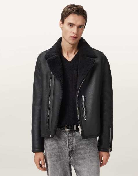 AllSaints – Correz – Bikerjacke in Schwarz/Schwarz mit Lammfellbesatz - view 1