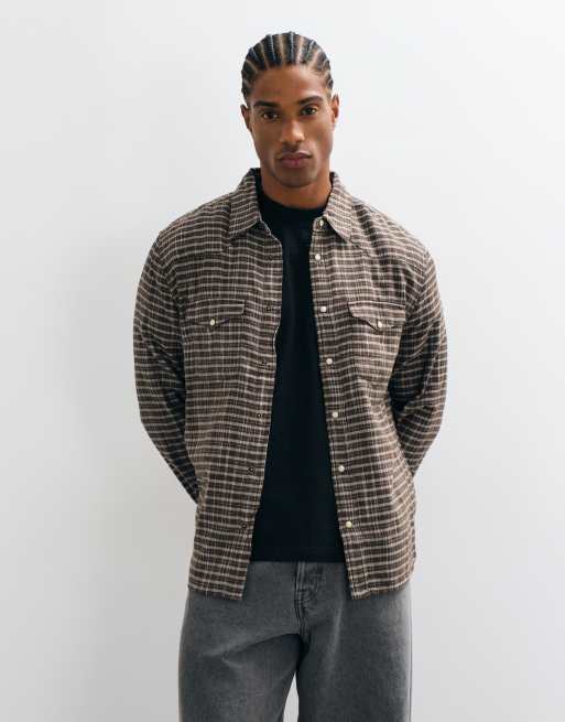 AllSaints Court long sleeve micro checked pocket shirt in khaki/brown, 2 of 5