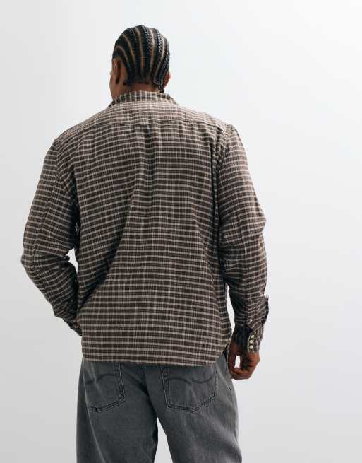 AllSaints Court long sleeve micro checked pocket shirt in khaki/brown, 4 of 5