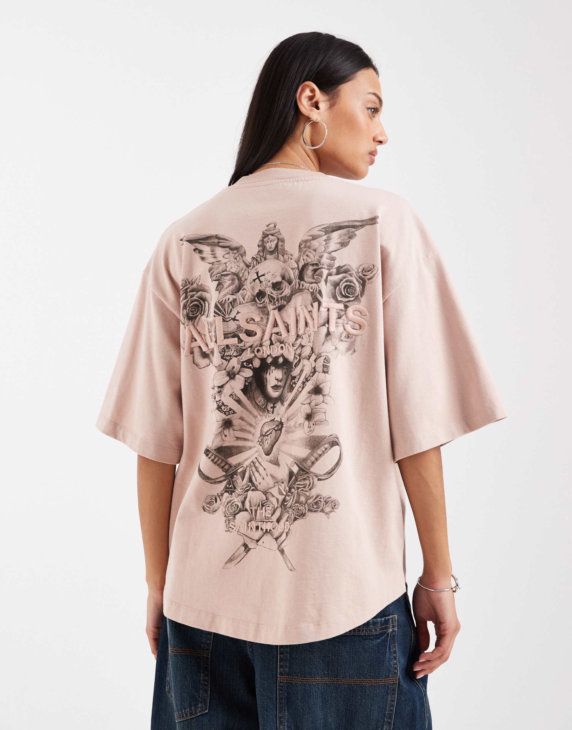 allsaints covenant back graphic amelie t-shirt in dusty pink