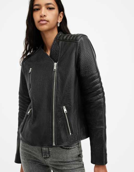 Collarless leather biker jacket best sale