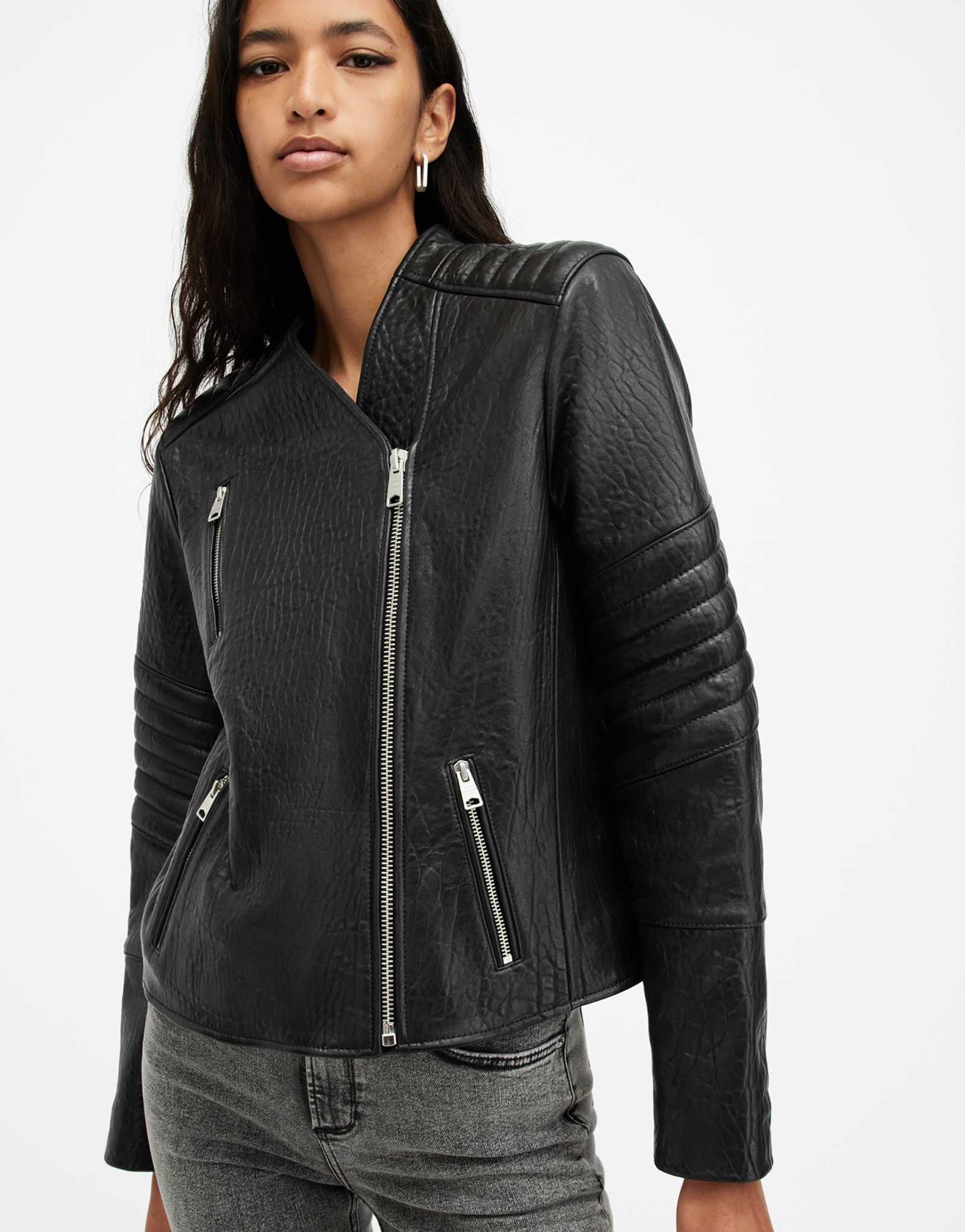 Кожаная мотокуртка AllSaints Crawley без воротника черного цвета