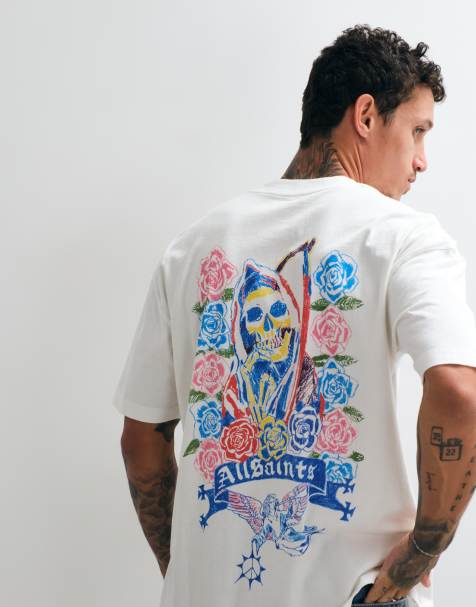 AllSaints Cray short sleeve graphic logo t-shirt with back print in white - view 1