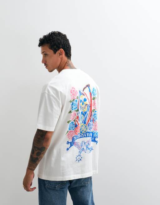 AllSaints Cray short sleeve graphic logo t-shirt with back print in white, 4 of 5