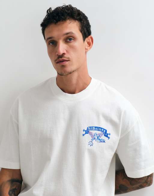 AllSaints Cray short sleeve graphic logo t-shirt with back print in white, 5 of 5