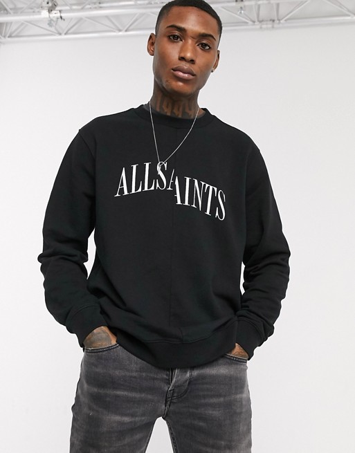 AllSaints split logo crew neck sweatshirt in black