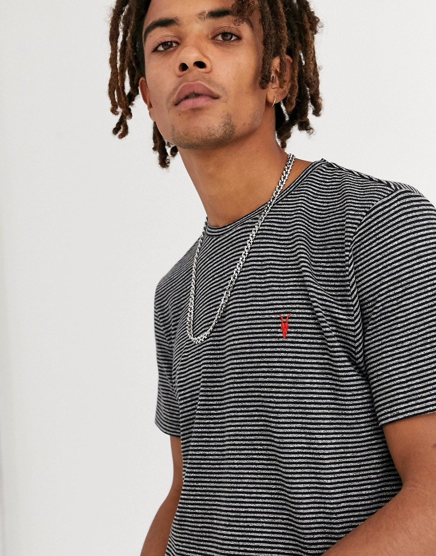 AllSaints crew neck t-shirt with ramskull in black stripe-Grey