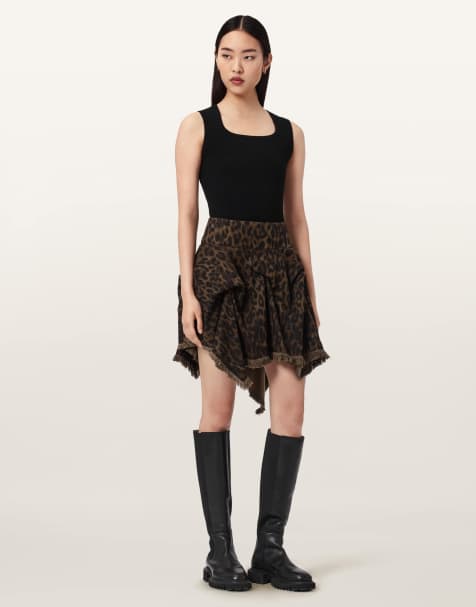 AllSaints crissy denim hanky hem mini skirt in brown leopard print - view 1