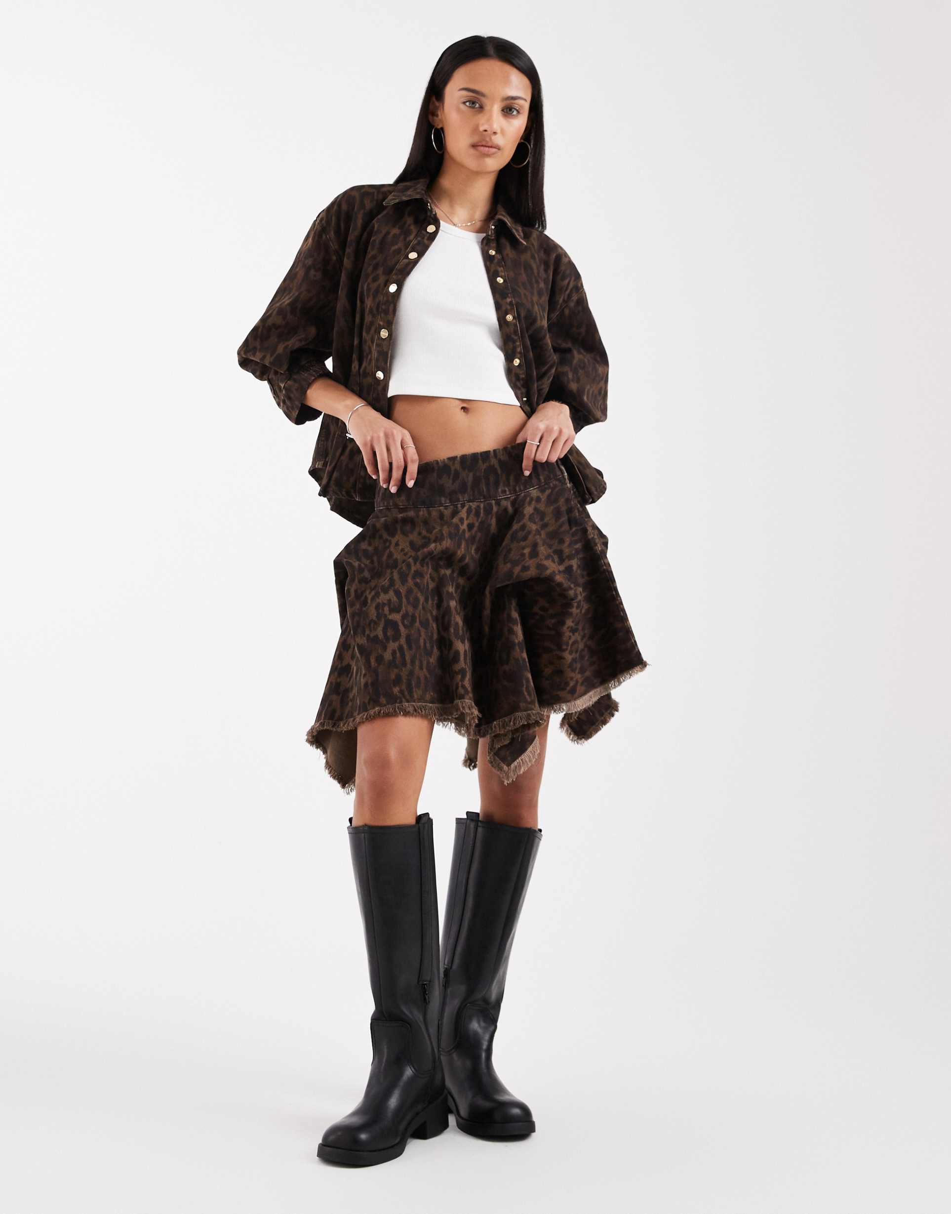allsaints crissy denim hanky hem mini skirt in brown leopard print