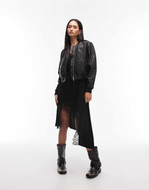 AllSaints cropped orten 94 patch leather bomber jacket in black | ASOS