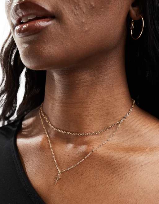 AllSaints cross double chain necklace in gold