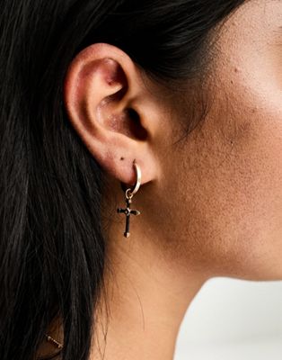 AllSaints cross pendant hoop earrings in gold/black - ASOS Price Checker