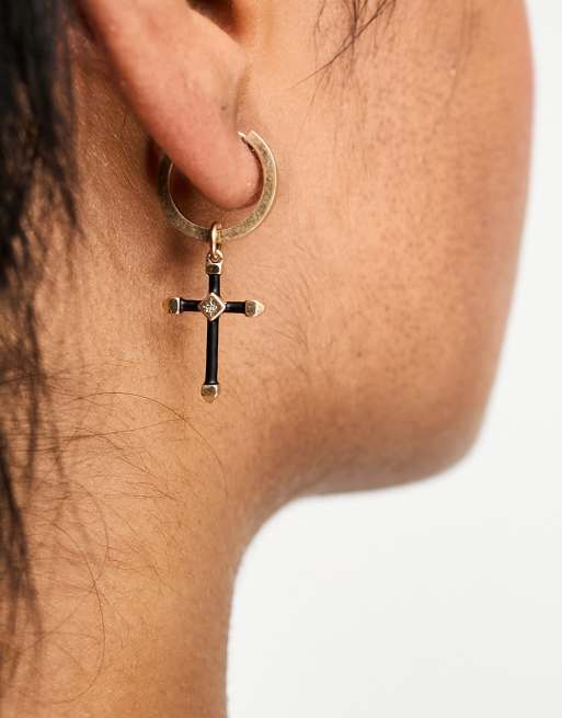 AllSaints cross pendant hoop earrings in gold/black | ASOS