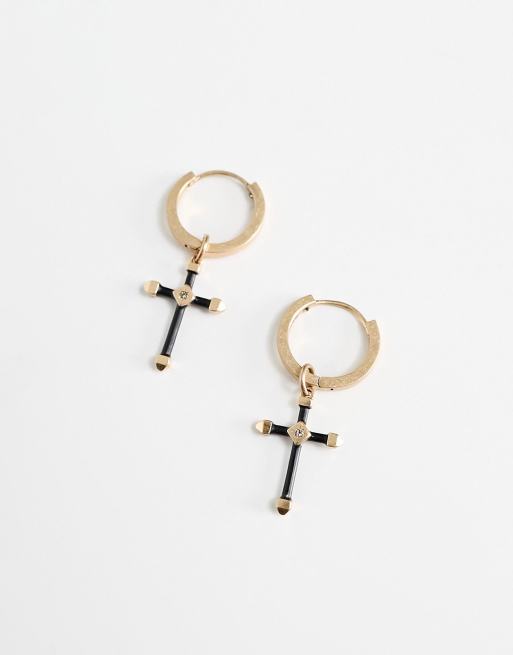 AllSaints cross pendant hoop earrings in gold/black | ASOS