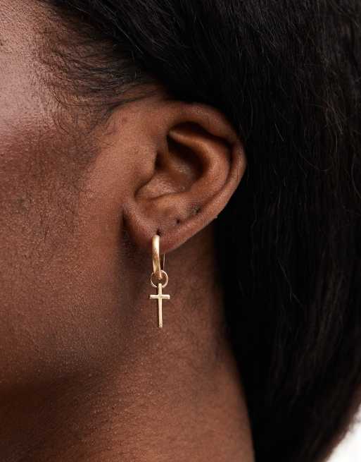 AllSaints cross pendant huggie hoop earrings in gold