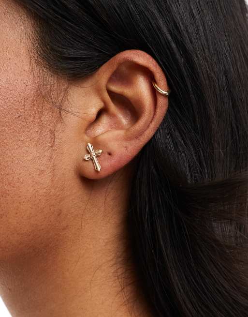 AllSaints cross stud earrings in gold
